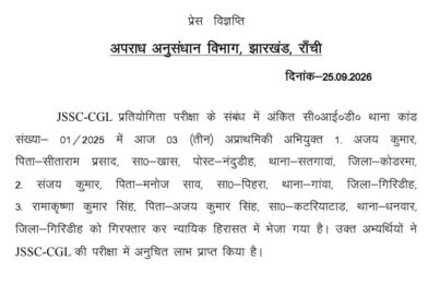 JSSC-CGL परीक्षा में अनुचित लाभ का मामला, फूड इंस्पेक्टर समेत तीन अभ्यर्थी जेल भेजे गए