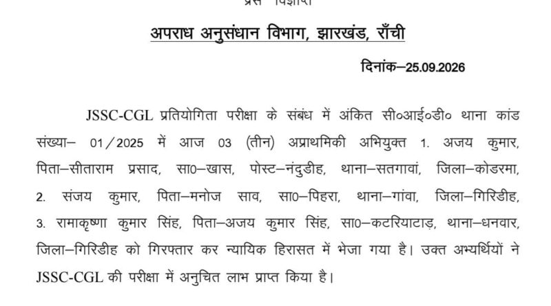 JSSC-CGL परीक्षा में अनुचित लाभ का मामला, फूड इंस्पेक्टर समेत तीन अभ्यर्थी जेल भेजे गए