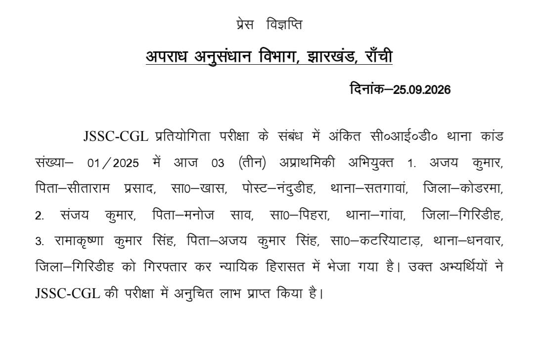 JSSC-CGL परीक्षा में अनुचित लाभ का मामला, फूड इंस्पेक्टर समेत तीन अभ्यर्थी जेल भेजे गए